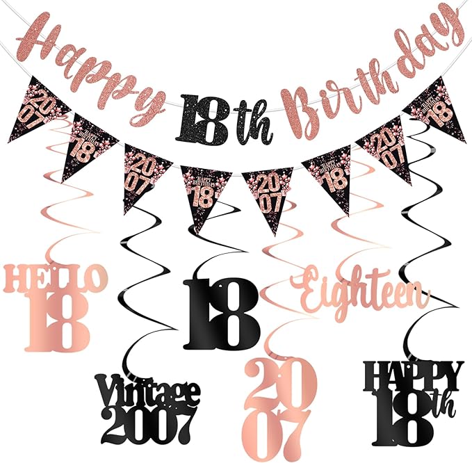 18th Birthday Decorations for Girls, Black Rose Gold Happy 18th Birthday Banner Hanging Swirls Vintage 2007 Birthday Decorations Kit Hello 18 Party Supplies