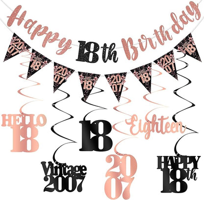 18th Birthday Decorations for Girls, Black Rose Gold Happy 18th Birthday Banner Hanging Swirls Vintage 2007 Birthday Decorations Kit Hello 18 Party Supplies