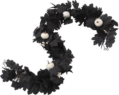 Artificial Fall Garland with Maple Leaves, Pumpkins & Berries – 7ft Black Autumn Garland for Thanksgiving, Fireplace Mantel, Doorway & Fall Harvest Table Decor,Halloween Decor