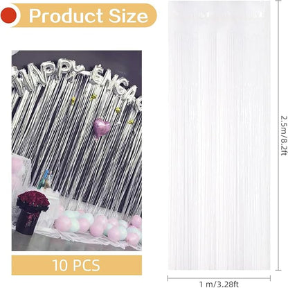 10 Pack White Backdrop Curtain 3.2ft x 8.2ft Metallic Tinsel Foil Fringe Curtains Photo Booth Background for Birthday Party Decoration Baby Shower Engagement Wedding Christmas Decoration (White)