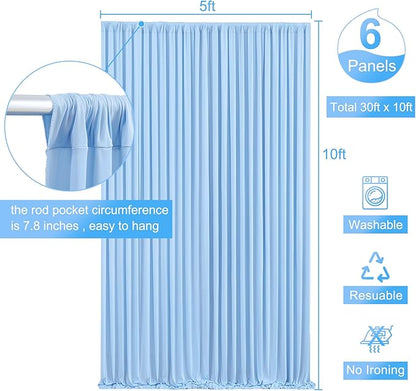 6 Panels Baby Blue Backdrop Curtain for Baby Shower Parties Wrinkle Free Light Blue Curtains Backdrop Drapes Fabric Decoration for Birthday Party Photography 30ft(W) x 10ft(H)