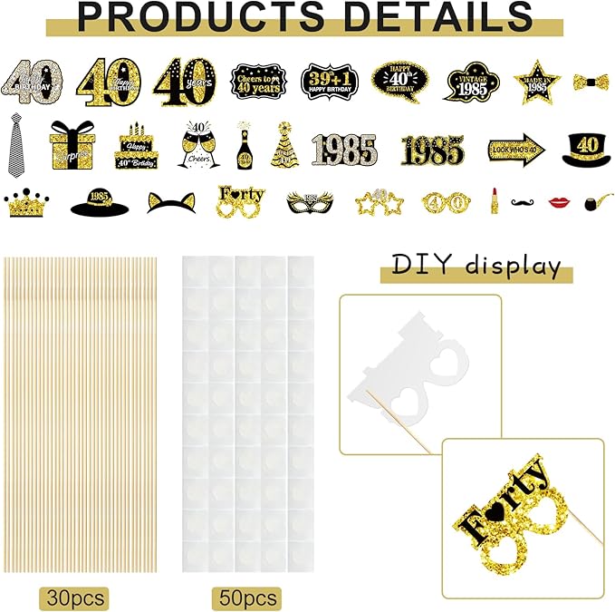 30Pcs 40th Birthday Decoration Photo Booth Props for Men Women, Funny Black Gold Vintage 1985 40th Birthday Props Kit with Sticks Party Supplies, Cheers to 40 Bday Photo Props Sign Decor