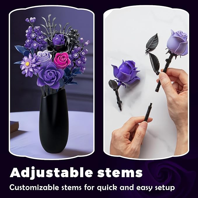 Purple Roses Bouquet Building Blocks Set, Botanical Collection Artificial Flowers Compatible with Lego Flowers, Christmas Decor Gift for Adults Teens Women, Gothic Home Decor Bouquet