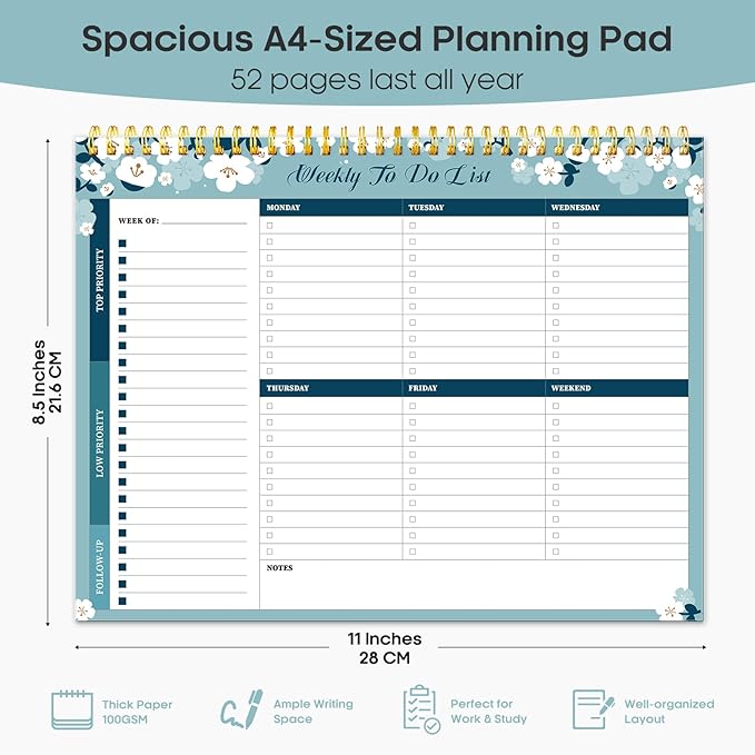 Taja Weekly To Do List Notepad with 52 Undated Sheets（8.5"×11"）- Weekly Desk Planner for Women & Man, Work and Home - 1 Pack Blue Breeze