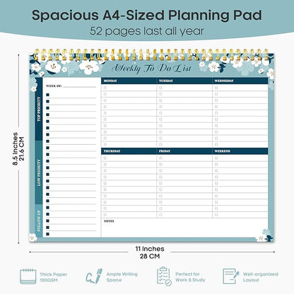 Taja Weekly To Do List Notepad with 52 Undated Sheets（8.5"×11"）- Weekly Desk Planner for Women & Man, Work and Home - 1 Pack Blue Breeze
