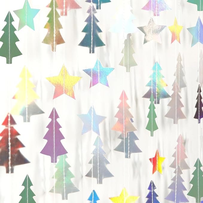 Iridescent-Holographic Christmas-Tree Star Party-Decorations Garland - 52 Ft Winter New Year Supplies Hanging Paper Streamers Banner,Birthday Wedding Neutral Baby Bridal Shower Decor Ouruola