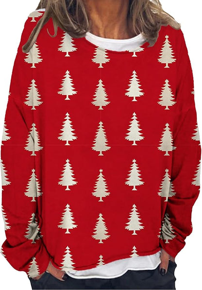 LOAIHA Christmas Shirts for Women Crewneck Snowman Snowflake Santa Graphic Shirts Christmas Tree Long Sleeve Xmas Hoodie