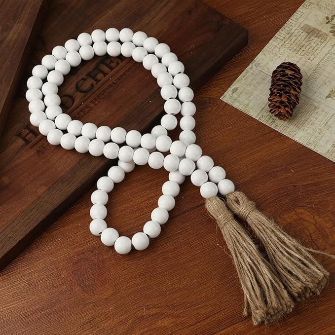 Wood Bead Garland 58 Inch White Wooden Beads for Boho Farmhouse Table Home Decor with Tassel, Wooden Prayer Bead, Rustic Country Boho Wall Hanging Decor for Kitchen Modern Living Room Tray Vase Shelf