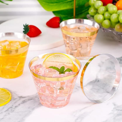 WELLIFE 120 PCS Gold Plastic Cups,9 oz Clear Plastic Cups,Disposable Wine Glasses for Party and Christmas