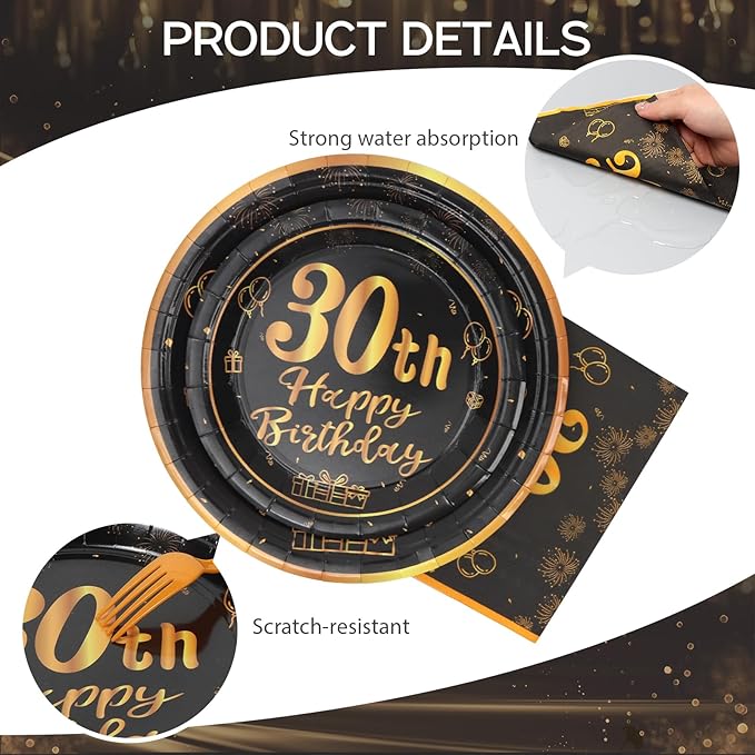 96pcs 30th Birthday Party Disposable Tableware Set for Men Women Black and Gold Paper Plates for 24 Guest Party Supplies （Include plates，cups and napkins）