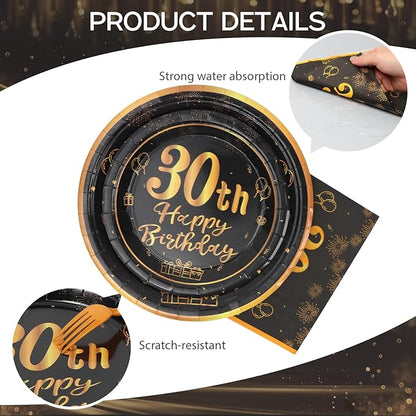 96pcs 30th Birthday Party Disposable Tableware Set for Men Women Black and Gold Paper Plates for 24 Guest Party Supplies （Include plates，cups and napkins）