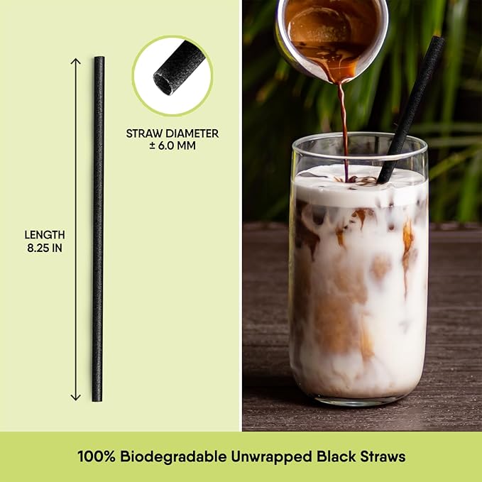 – 100 PCS of 8.25 Inches Unwrapped Biodegradable Black Straws – Made of Vegetable Fibers, Best Environment Friendly Drinking Straws for Hot and Cold Beverages