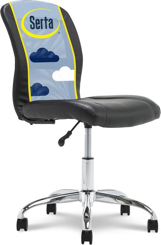 Serta Essential Armless TaskChair, Small Desk Chairs with Wheels, Breathable Mesh Back and Faux Leather, Quality Foam Cushion Seat for Comfort, Minimal Design for Vanity Table, Black