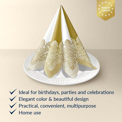 PAW - 50 Pieces Linen-Feel Paper Napkins 16" x 16", Disposable Cloth-Like Napkins with Reverse Gold Lace Design, Dinner Napkins for Party, Wedding, Christmas