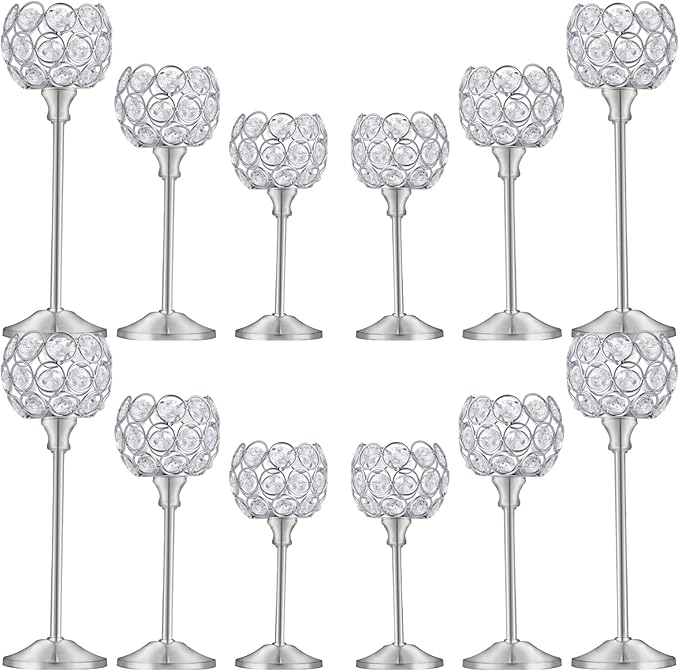 Crystal Candle Holders Set of 3 for Wedding Centerpieces Gold Or Silver Candle Holders Bulk Decorative Tealight Candle Holder for Wedding, Party,Table Centerpieces Decoration (Silver, 4Sets(12 Pcs))