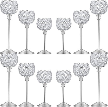 Crystal Candle Holders Set of 3 for Wedding Centerpieces Gold Or Silver Candle Holders Bulk Decorative Tealight Candle Holder for Wedding, Party,Table Centerpieces Decoration (Silver, 4Sets(12 Pcs))