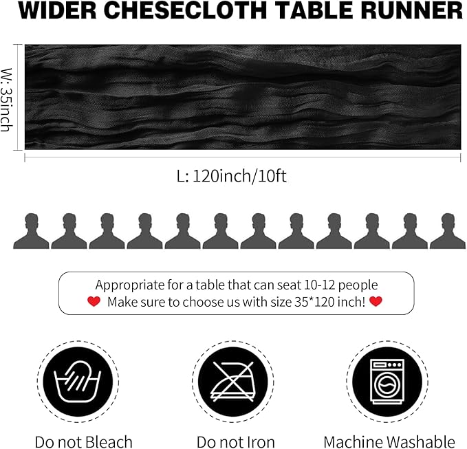 10 Pack Black Table Runner Cheesecloth Sheer Gauze Cheese Cloth Runner 10FT Long Goth Black Table Runner for Wedding Party Baby Shower Birthday Home Decor Holiday Decorations
