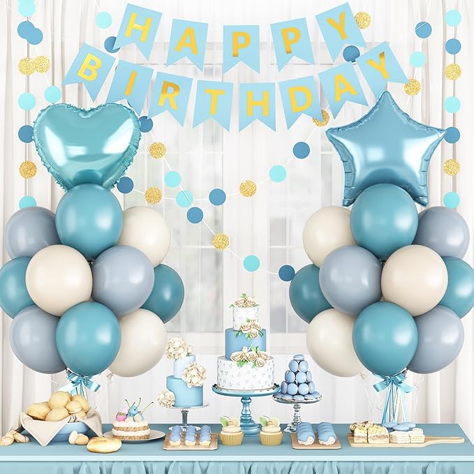Blue Birthday Party Decorations for Boys Men Dusty Blue Sand White Balloon Set with Star Heart Foil Balloons Happy Birthday Bunting Banner Garland Navy Light Cream Beige Party Decor Kit Baby Girls