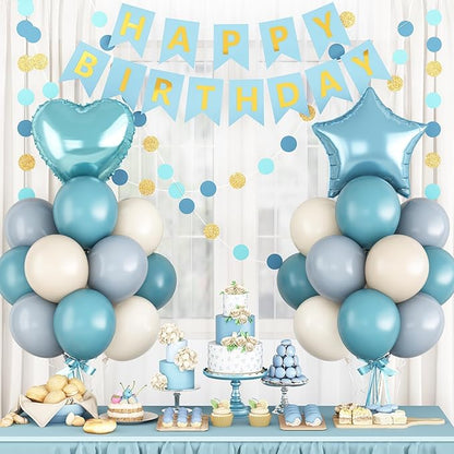 Blue Birthday Party Decorations for Boys Men Dusty Blue Sand White Balloon Set with Star Heart Foil Balloons Happy Birthday Bunting Banner Garland Navy Light Cream Beige Party Decor Kit Baby Girls