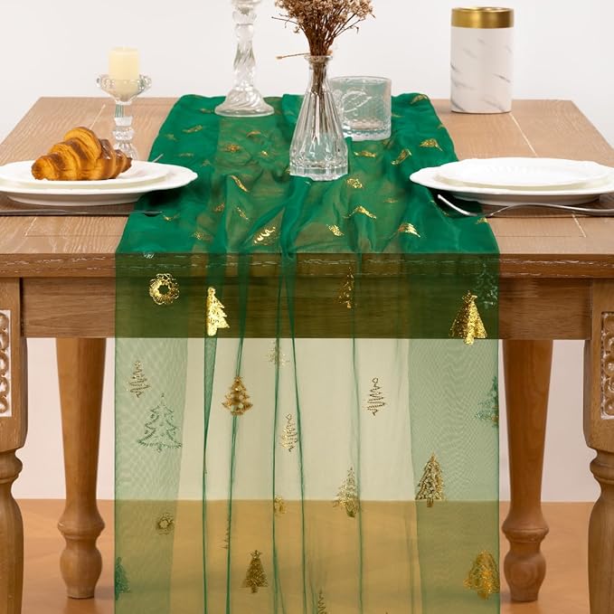 Emerald Green Gold Table Runner for Christmas 3 Pack Sheer Gauze Cheesecloth 120 Inch with Glitter Holiday Party Decor for Family Gatherings Dining Table Home Celebration
