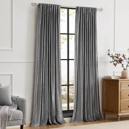 PRIMROSE Dark Grey Velvet Curtains 84 inch Long for Living Room,Set of 2 Panels Blackout Rod Pocket Back Tab Window Treatment Room Darkening Heavy Decorative Curtains Drapes for Bedroom