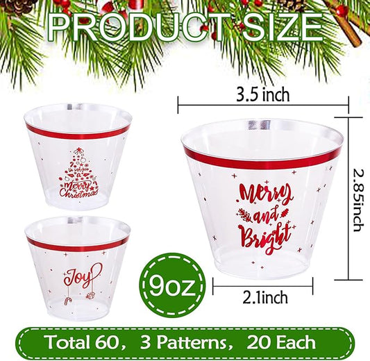 I00000 60PCS Christmas Red Plastic Cups Christmas Disposable Cups 9 Oz Plastic Holiday Cup Wine Glasses Red Rim Clear Cocktail Cups Tumblers Clear Drinking Glasses for Xmas Parties