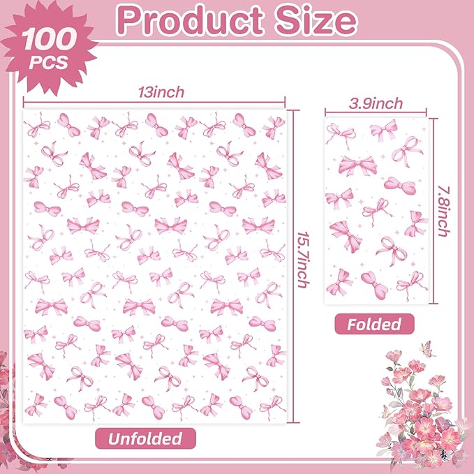 100 Pcs Pink Bow Napkins - Decorative Disposable Bow Paper Napkins for Wedding Bridal Shower Bachelorette Birthday Girl Party Supplies