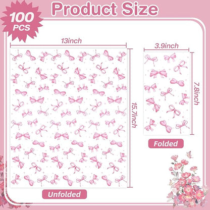 100 Pcs Pink Bow Napkins - Decorative Disposable Bow Paper Napkins for Wedding Bridal Shower Bachelorette Birthday Girl Party Supplies