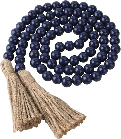 Wood Bead Garland 58 Inch Blue Wooden Beads for Boho Farmhouse Table Home Decor with Tassel, Wooden Prayer Bead, Rustic Country Boho Wall Hanging Decor for Kitchen Modern Living Room Tray Vase Shelf
