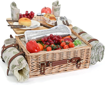 Multifunctional Wicker Picnic Basket Set for 2 with Blanket and Picnic Table, Insulated Picnic Set with Full Tablewares for Camping Outdoor Couples,Leaf