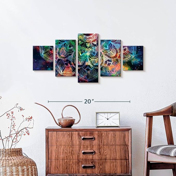 ElephantStock - Celestial Mandala Wall Art - Horizontal Multi Panel Canvas - 5 Piece Living Room Wall Decor - Digital Art Elements Multi Piece Wall Art - Turquoise And Blue Decor - 29" x 12"