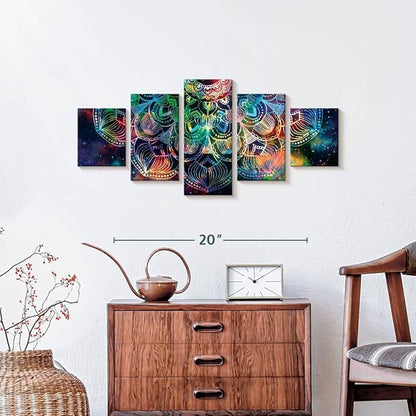 ElephantStock - Celestial Mandala Wall Art - Horizontal Multi Panel Canvas - 5 Piece Living Room Wall Decor - Digital Art Elements Multi Piece Wall Art - Turquoise And Blue Decor - 29" x 12"