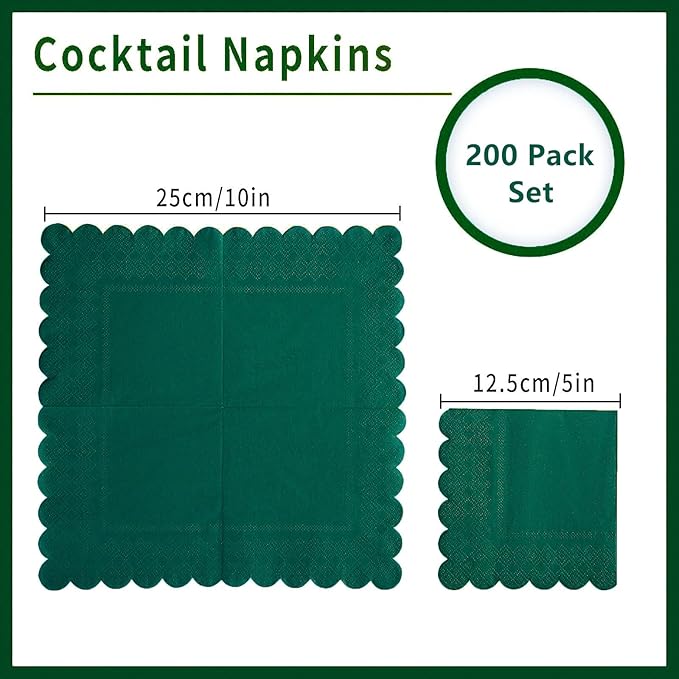 200 Pack Cocktail Napkin 2-Ply Scalloped Edged Dessert Napkins Folded 5 x 5 Inches Disposable Napkins for Dinner Wedding Birthday Party Bridal Anniversary Reception Event (Dark Green)