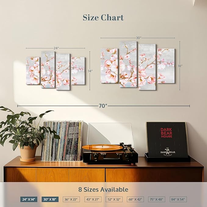 Elephant Stock Spring Cherry Blossoms Wall Art - Horizontal Canvas - 4-Piece Living Room Wall Decor - Painting Floral and Botanical Canvas Print - Pink and Brown Decor for Wall by Eva Watts - 24" X 14"