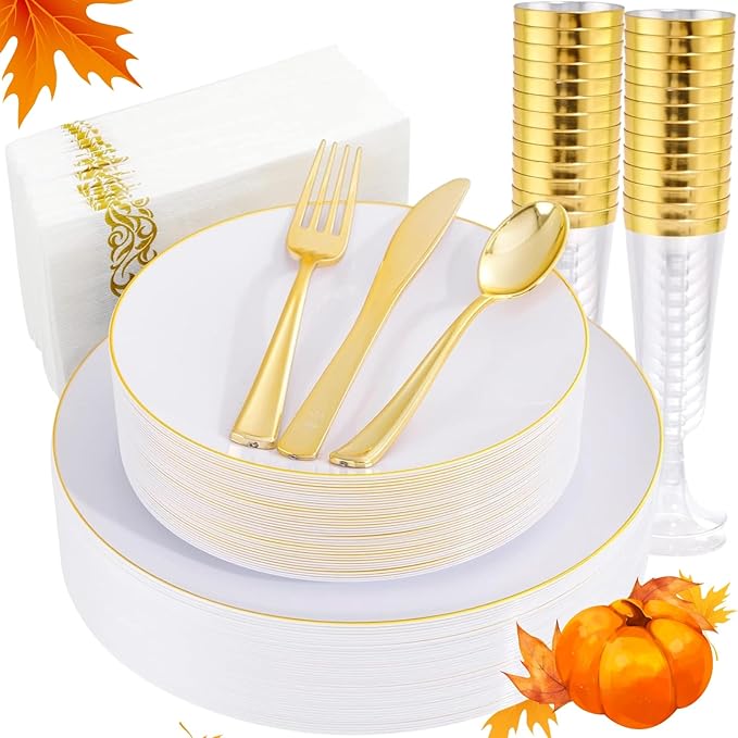 Liacere 175PCS White and Gold Plastic Plates - Gold Plate Include 50Plastic Plates, 25Forks, 25Spoons, 25Knives, 25Napkins, 25Champagne Flutes Plastic for Party & Wedding & Christmas & New Year