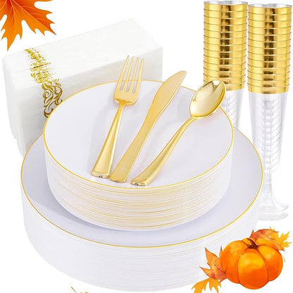Liacere 175PCS White and Gold Plastic Plates - Gold Plate Include 50Plastic Plates, 25Forks, 25Spoons, 25Knives, 25Napkins, 25Champagne Flutes Plastic for Party & Wedding & Christmas & New Year