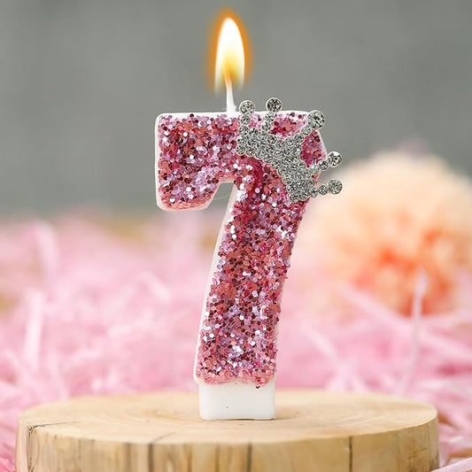 Birthday Number Candles,Pink Crown Birthday Candles for Cake,Glitter Number 7 Candle Cake Topper with Sequins for Girls,Women, Anniversary Celebrations Supplies (Pink 7)