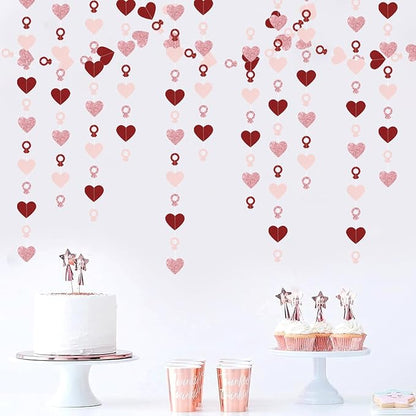 Rose-Gold Pink Burgundy-Red Heart-Ring Garland - 52Ft Engagement Bachelorette Party Decorations Wedding Paper Streamers Banner, Galentines Proposal Decor Lasting Surprise