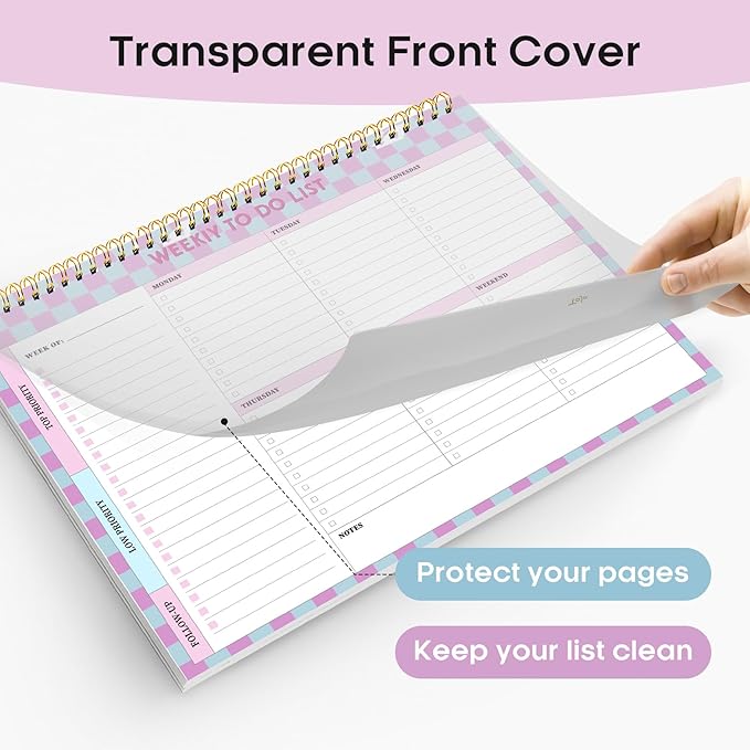 Taja Weekly To Do List Notepad with 52 Undated Sheets（8.5"×11"）- Weekly Desk Planner for Women & Man, Work and Home - 1 Pack Lavender Checkered