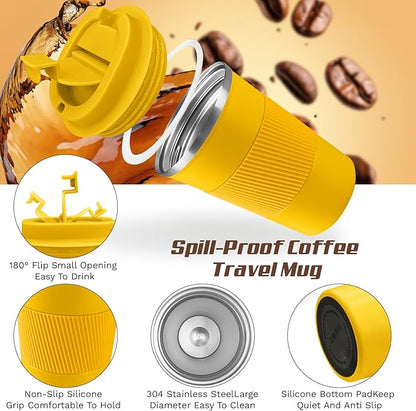 Vacuum Insulated Travel Coffee Mug, Reusable Stainless Steel Tumbler with Leak-Proof Lid, Keeps Drinks Hot or Cold for Hours, Durable Portable Cup for Men & Women (3rd-Yellow, 12oz)