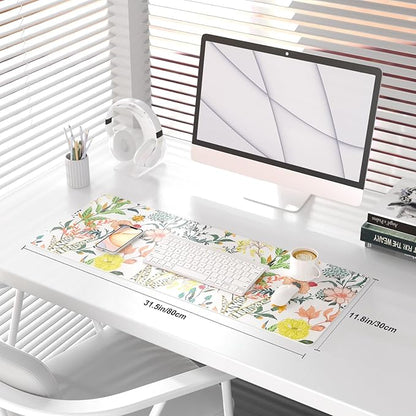 QIYI Floral Large Mouse Pad, Colorful Desk Mat for Desktop, Women Girls Desk Accessories Office Décor, PU Leather Waterproof Big Gaming Mousepad, Blooming Flowers Desk Pad Computer Mat, 31.5" x 11.8"