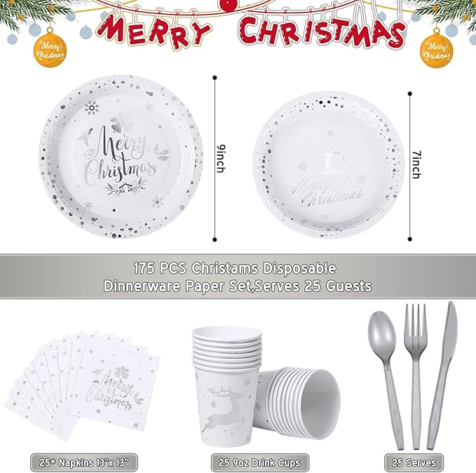 175 Pcs Merry Christmas Party Dinnerware Foil Dots Christmas Paper Plates Set Elk Disposable Xmas Plates Napkins Cups for New Year Wedding Birthday Baby Shower Party Supplies Decoration (White Silver)