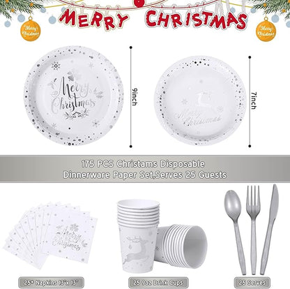 175 Pcs Merry Christmas Party Dinnerware Foil Dots Christmas Paper Plates Set Elk Disposable Xmas Plates Napkins Cups for New Year Wedding Birthday Baby Shower Party Supplies Decoration (White Silver)