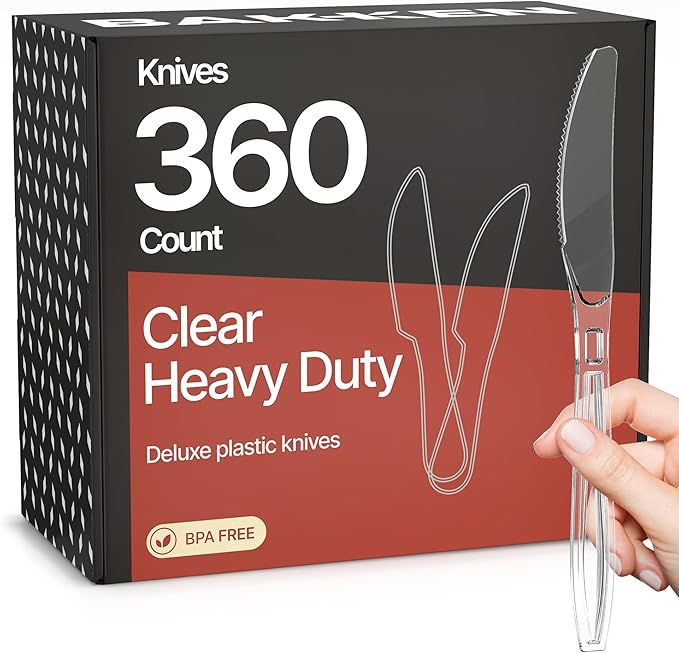 Bakken Disposable Cutlery Set 360 Pieces Knives, Heavy Duty Plastic Silverware, BPA-Free Food-Grade Materials, Heat-Resistant, Reusable Utensils for Parties, Catering, BBQs, and Everyday Use, Clear