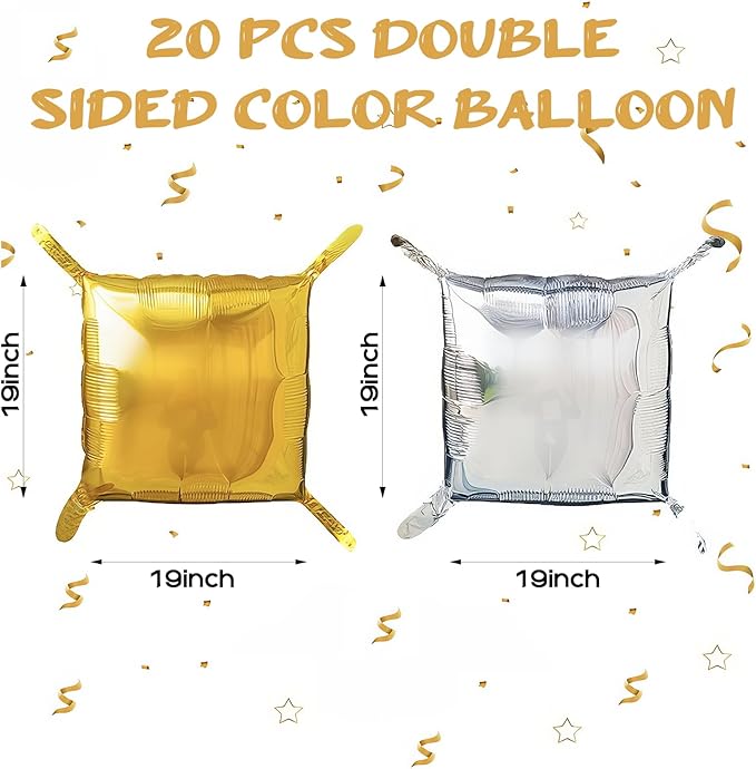 20PCS Gold Square Balloons, Metallic Balloon Wall Tunnel Double Sided Gold & Silver Foil Balloons Kit for Christmas New Year Graduation Birthday Party Backdrop Decorations