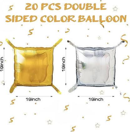 20PCS Gold Square Balloons, Metallic Balloon Wall Tunnel Double Sided Gold & Silver Foil Balloons Kit for Christmas New Year Graduation Birthday Party Backdrop Decorations