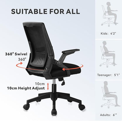 GTPLAYER Ergonomic Office Chair with Flip-up Armrests Executive Computer Chair for Home Office, Breathable Mesh & Comfy Lumbar Support, Black