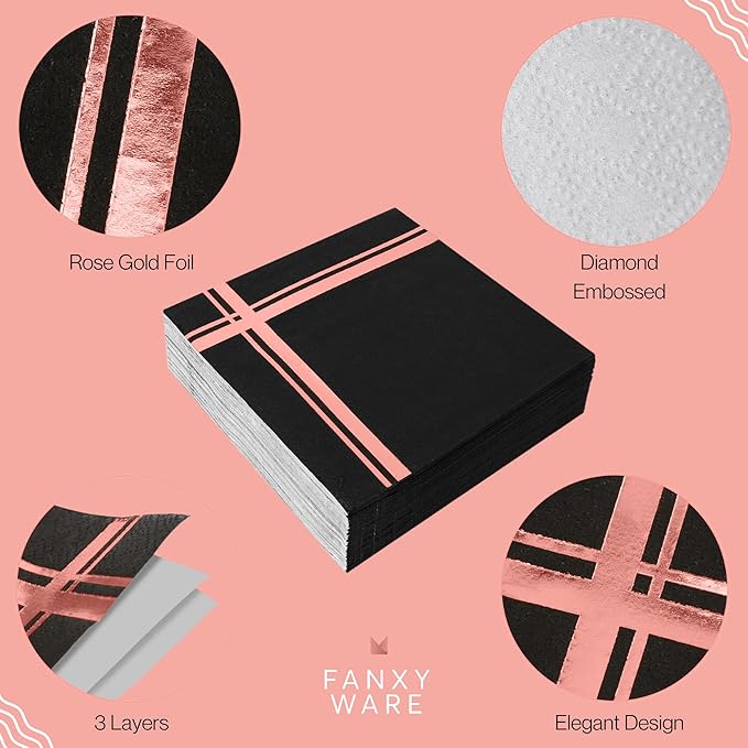 Rose Gold on Black Cocktail Napkins - 100 Pack, 5" x 5", 3-Ply Paper - Style Name: Blissful Crossing