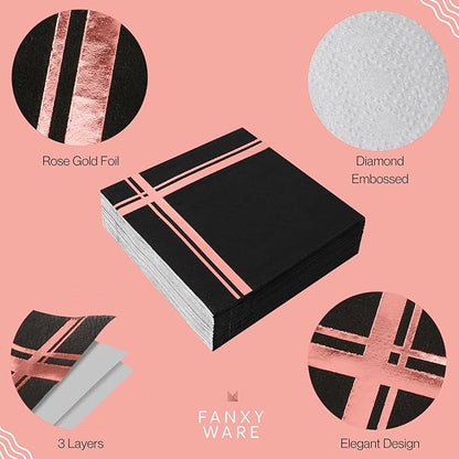 Rose Gold on Black Cocktail Napkins - 100 Pack, 5" x 5", 3-Ply Paper - Style Name: Blissful Crossing