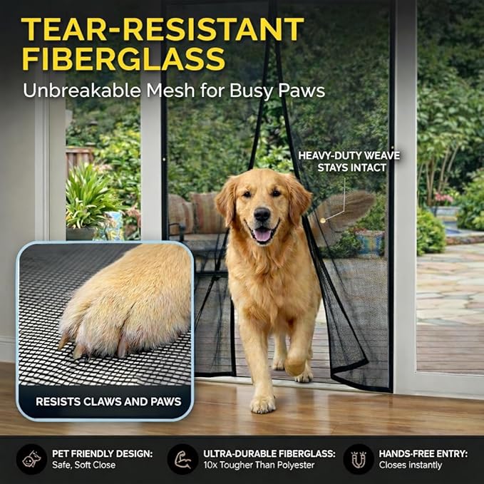 AUGO Heavy Duty Magnetic Screen Door Mesh– Premium Reinforced Fiberglass Mesh, Pet & Kid Friendly, Tear Resistant Hands-Free Self Sealing Closure, Keep Open Feature – 38" x 83"